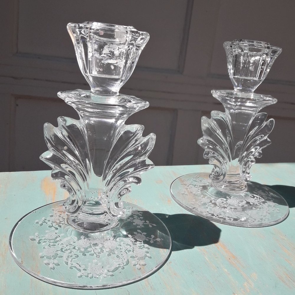 MCM Vintage Etched Glass Candle Holders Cambridge Clear Glass Rose Point Etching